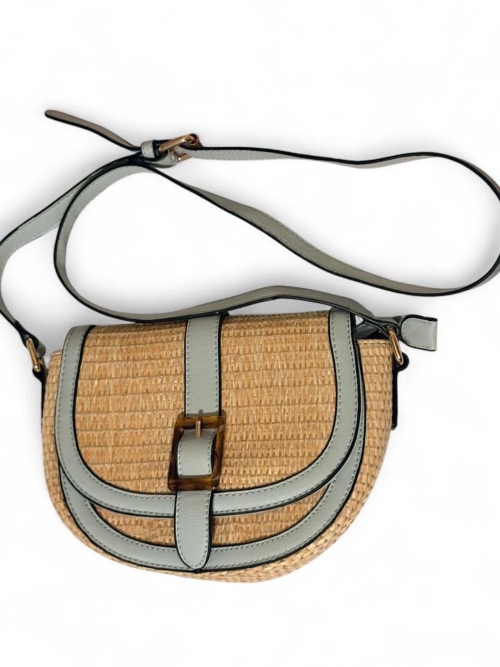 Izzy & Ali Woven Crossbody Saddle Bag With Light Blue Trim